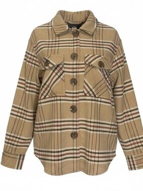 Okie & Lala Tan Neutral Plaid Oversized Rustic Layering Shacket Jacket Small NWT